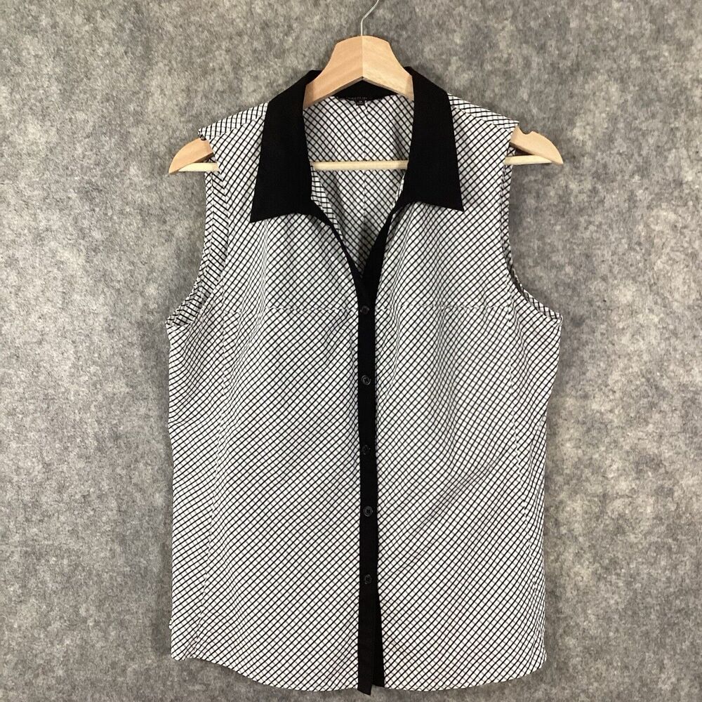 Lafayette 148 New York White & Black Sleeveless Button Up Blouse Petite 12